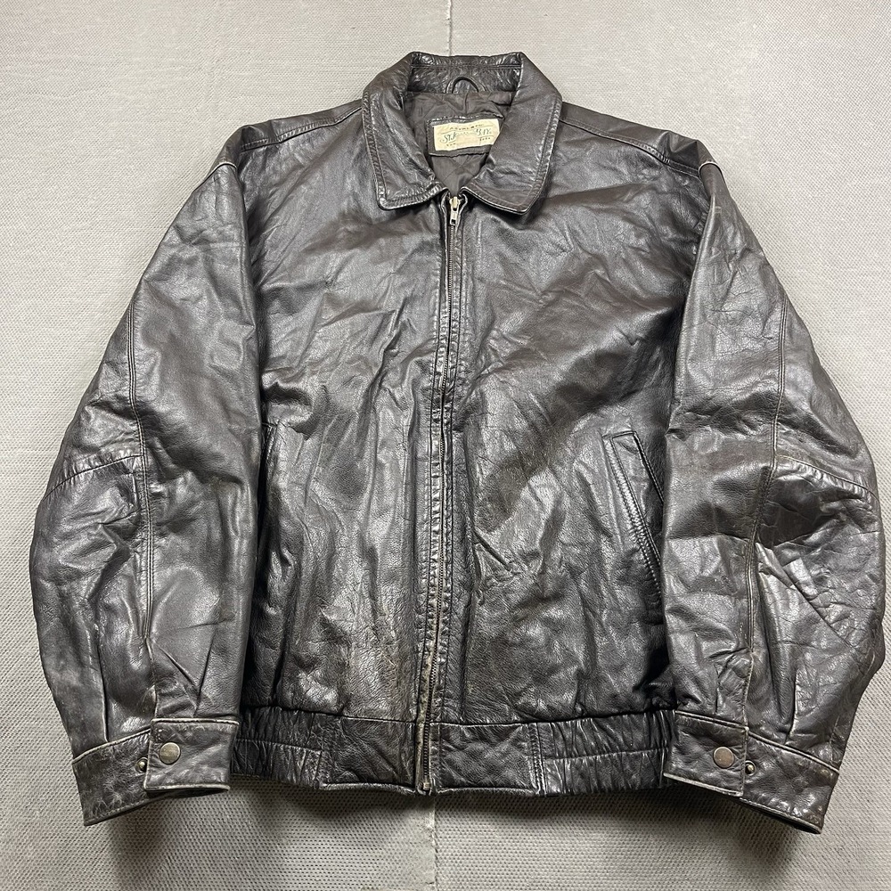 VTG St. Johns Bay Leather Jacket Mens XXL Brown Quilt Lined Full Zip Up Bomber‎